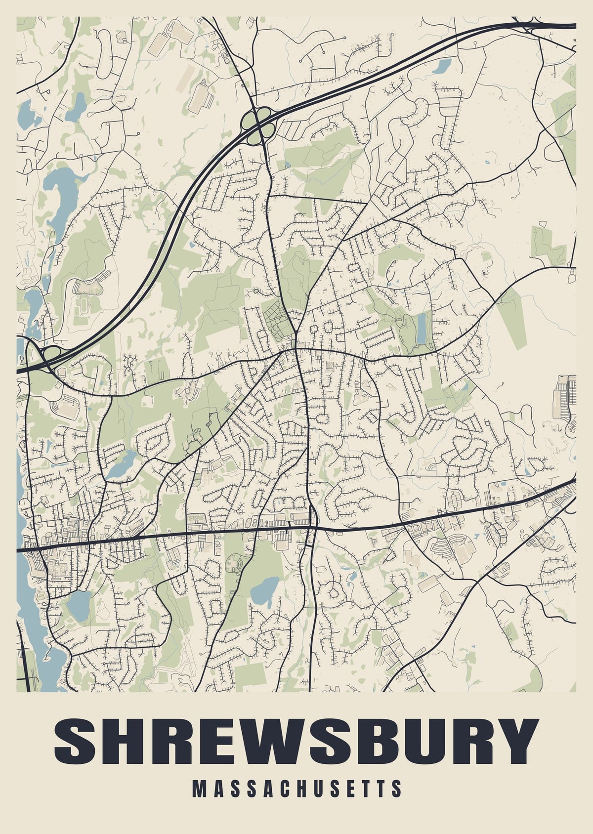 Street map poster of Shrewsbury, Massachusetts