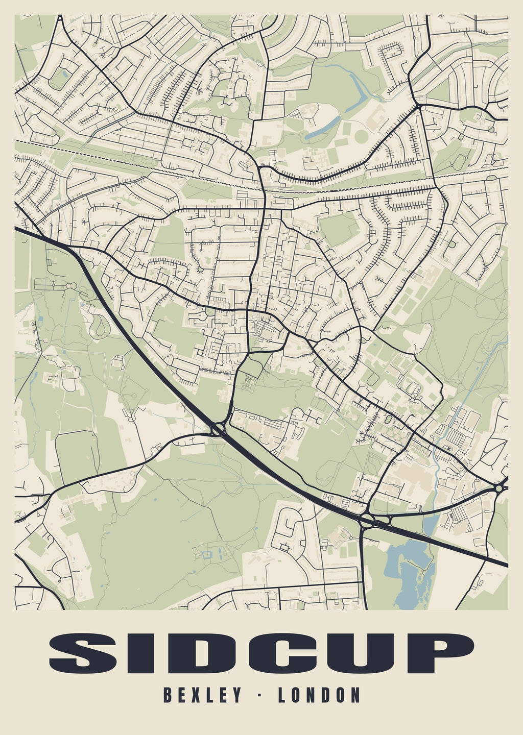 Heritage street map poster of Sidcup, Bexley, London