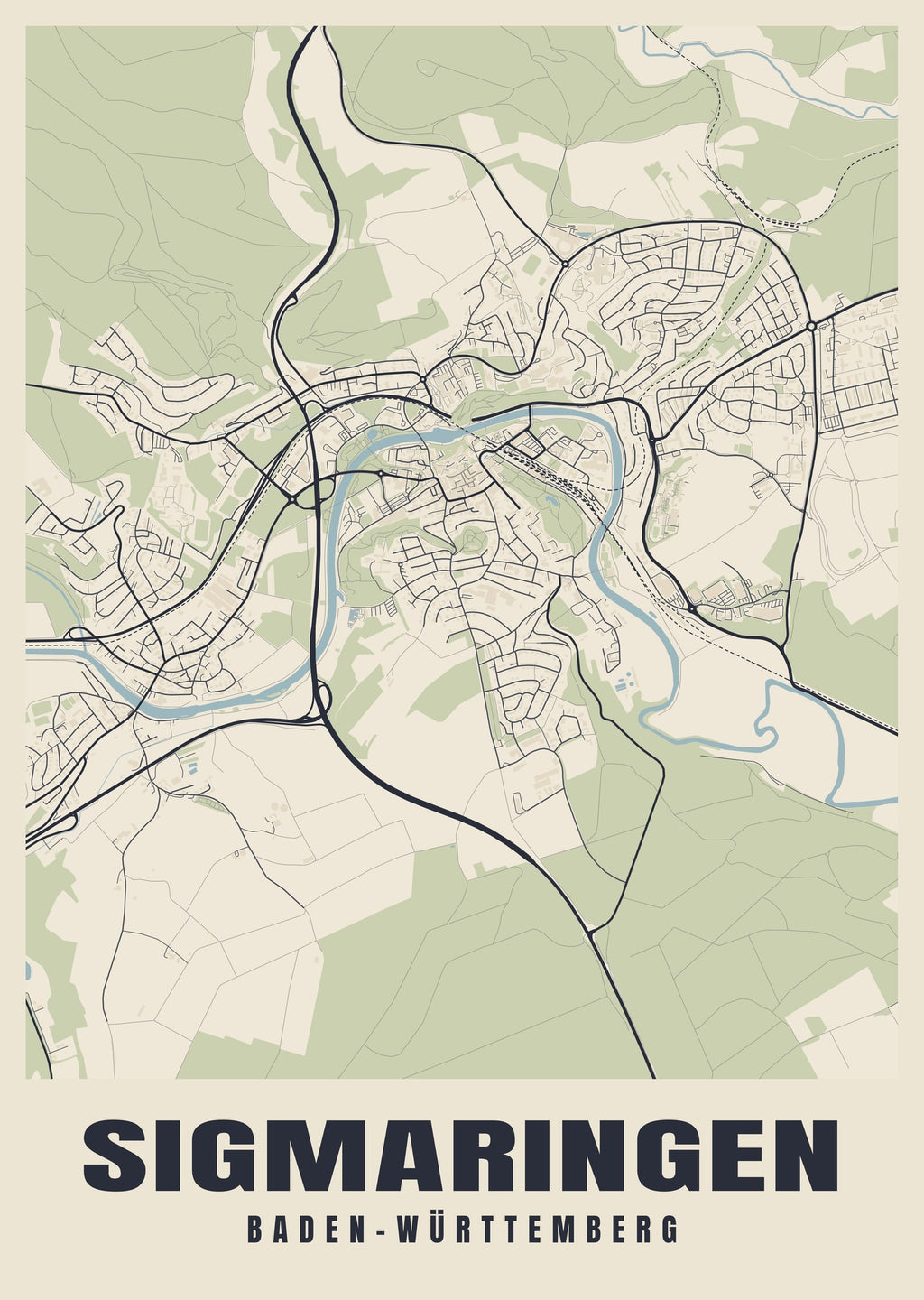 Street map poster of Sigmaringen, Baden-Württemberg