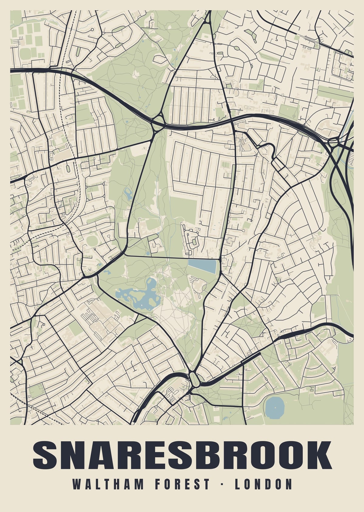 Heritage street map poster of Snaresbrook, Waltham Forest, London