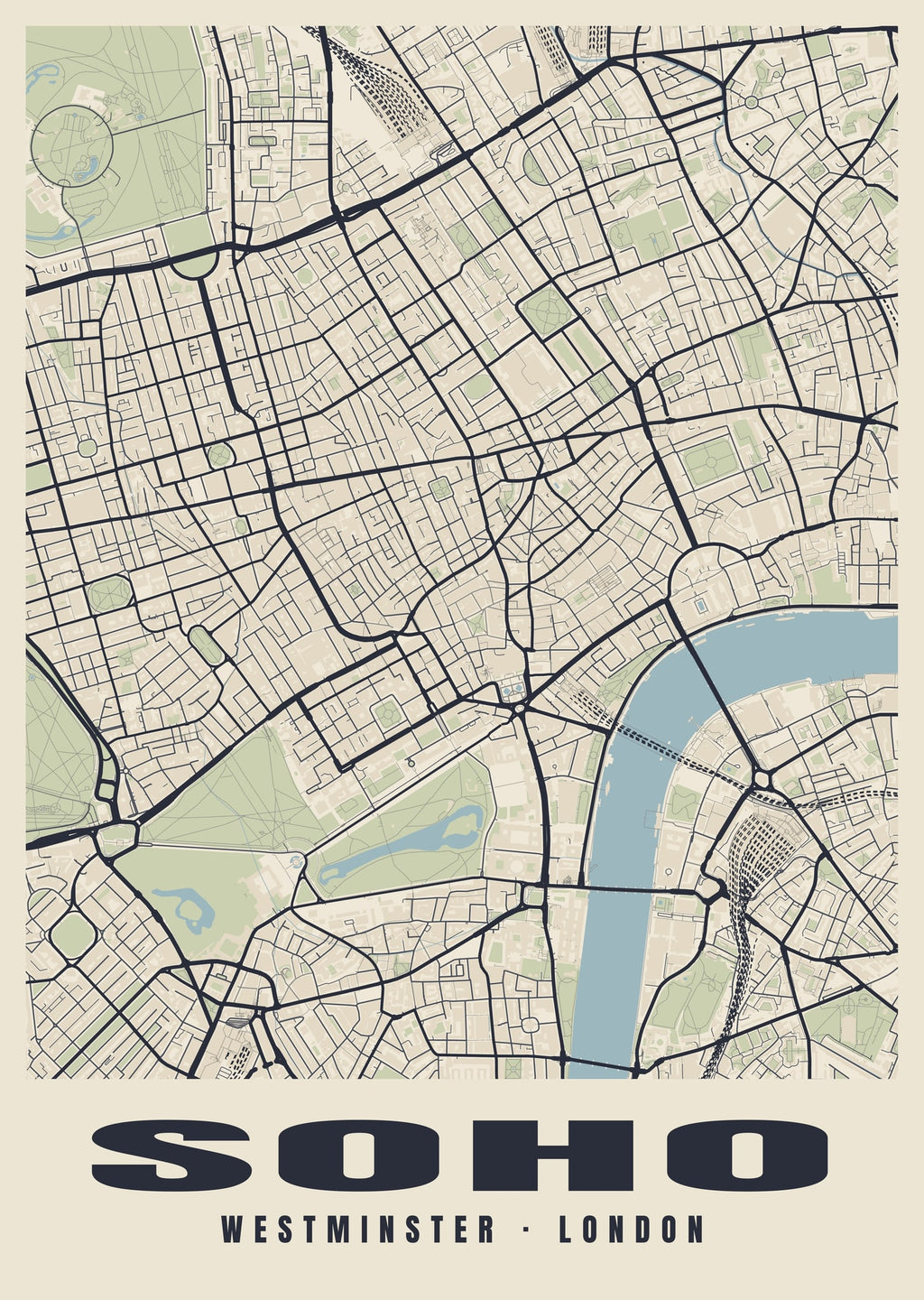 Heritage street map poster of Soho, Westminster, London