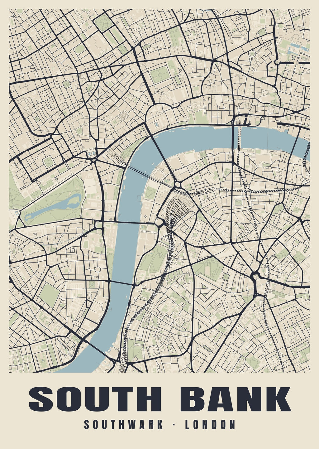 Heritage street map poster of South Bank, Southwark, London