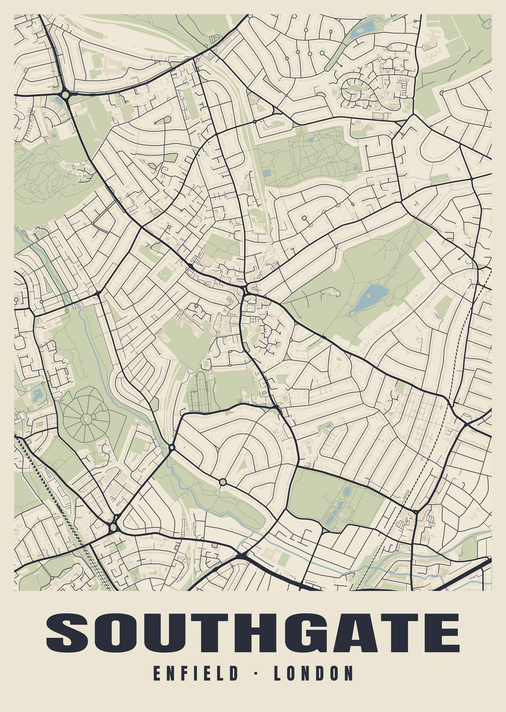 Heritage street map poster of Southgate, Enfield, London