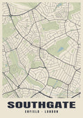 Heritage street map poster of Southgate, Enfield, London