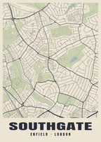 Heritage street map poster of Southgate, Enfield, London