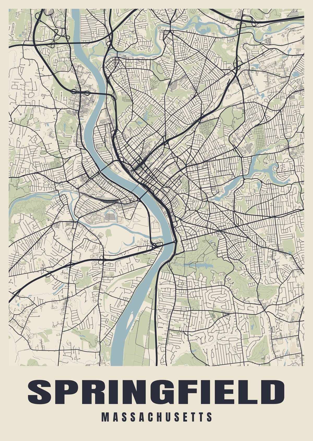 Street map poster of Springfield, Massachusetts