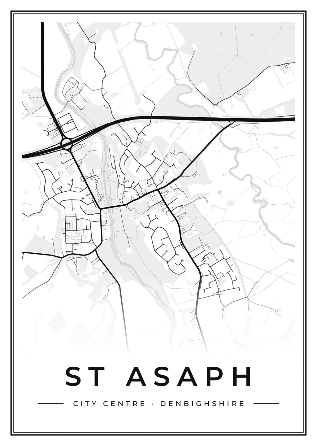 Street map poster of St Asaph city centre, Denbighshire