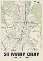 Heritage street map poster of St Mary Cray, Bromley, London