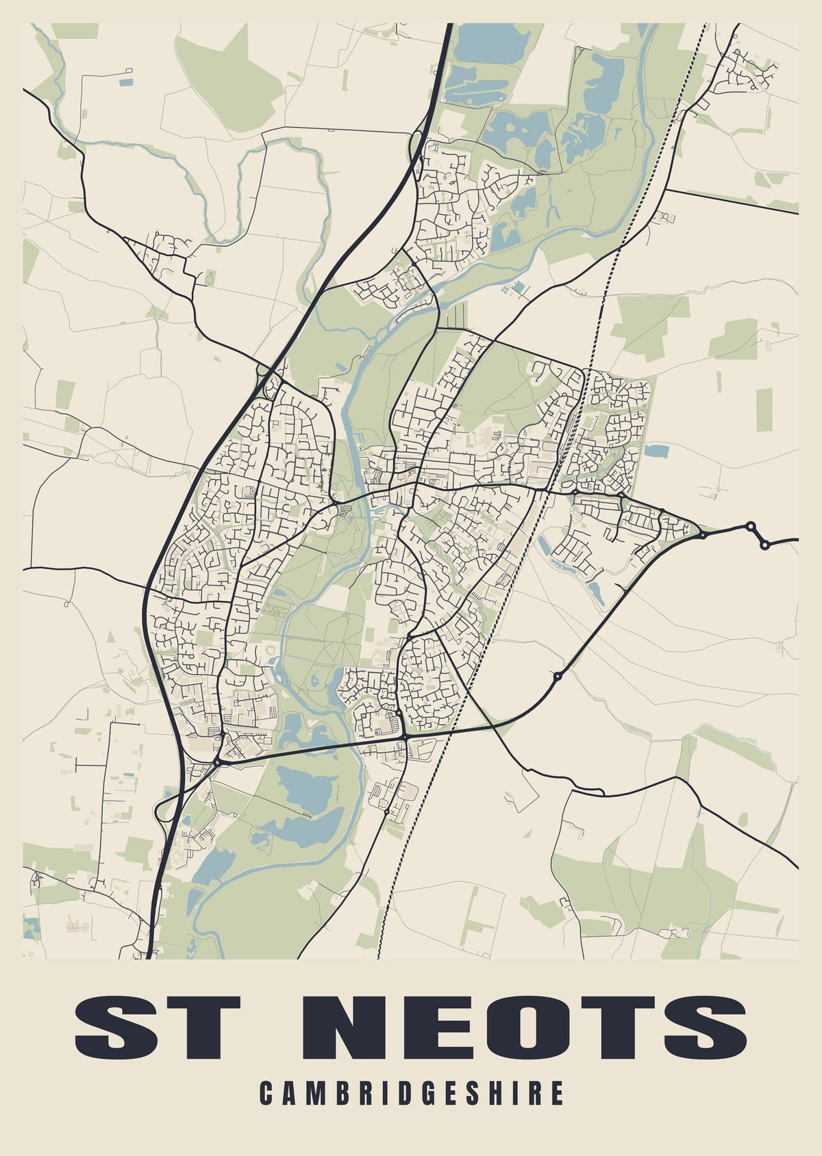 Street map poster of St Neots, Cambridgeshire