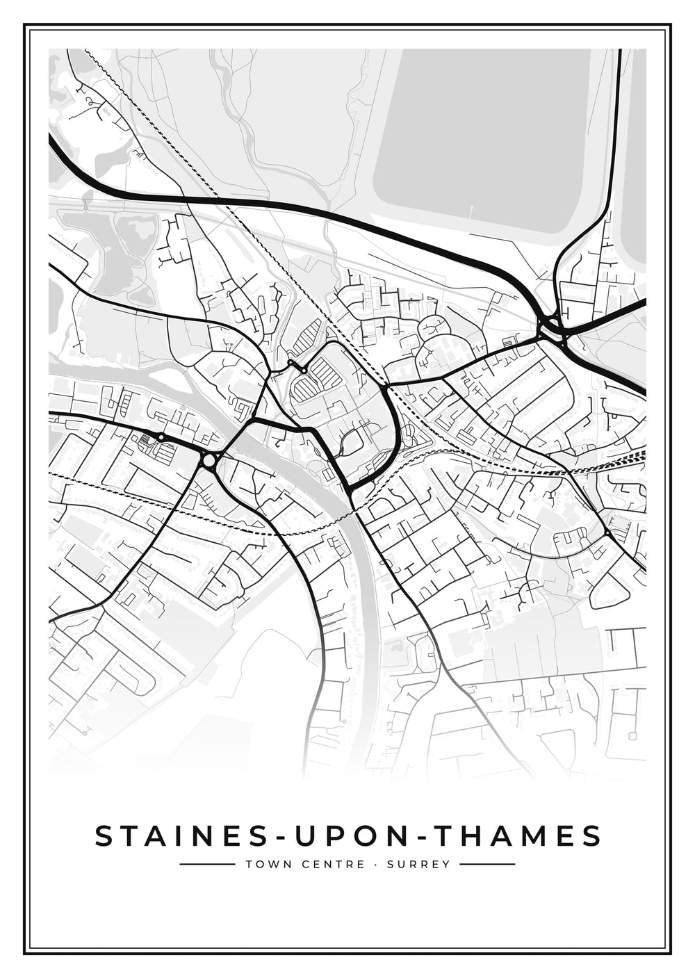 Staines-upon-Thames Town Centre Street Map Poster
