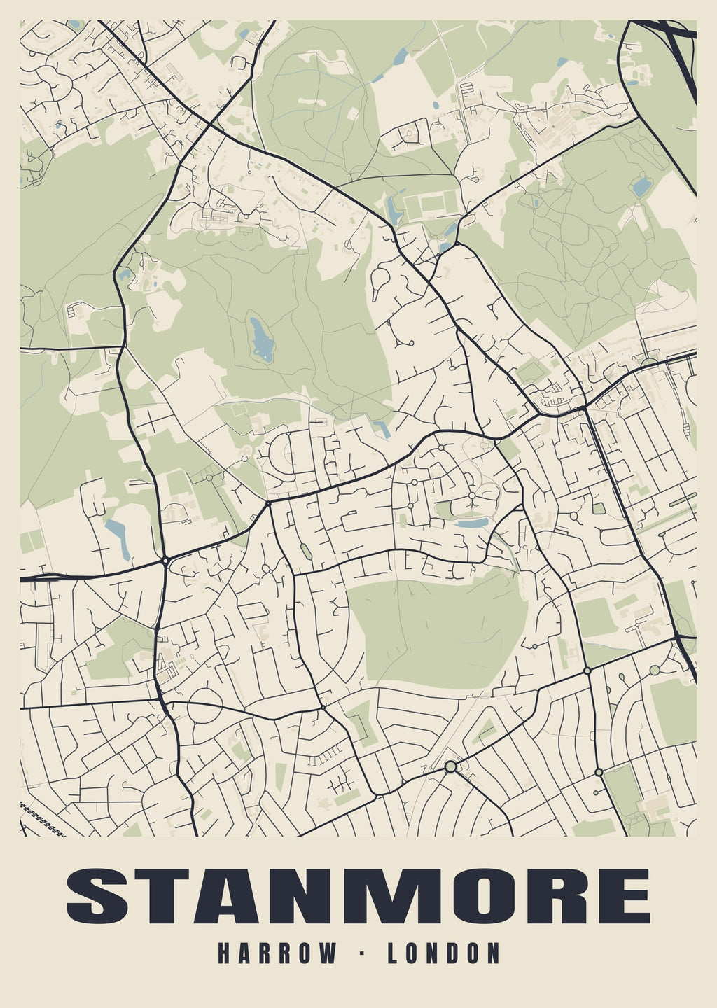Heritage street map poster of Stanmore, Harrow, London