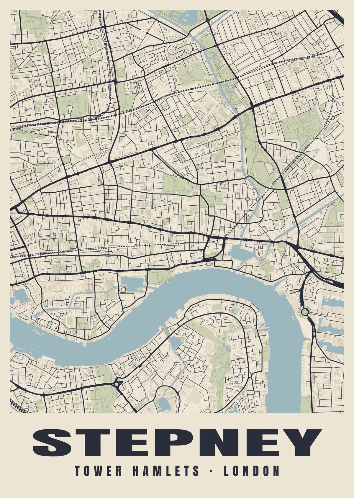 Heritage street map poster of Stepney, Tower Hamlets, London