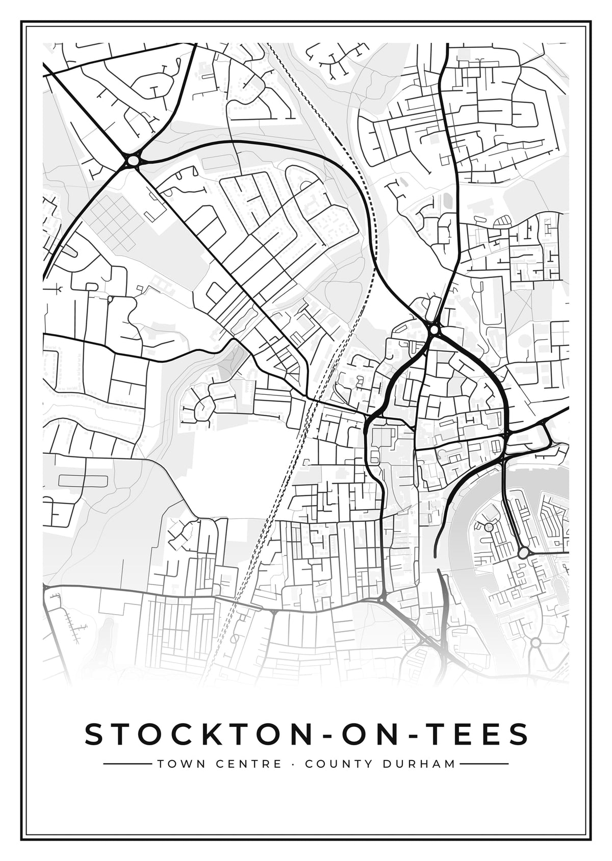 Street map poster of Stockton-on-Tees town centre, County Durham