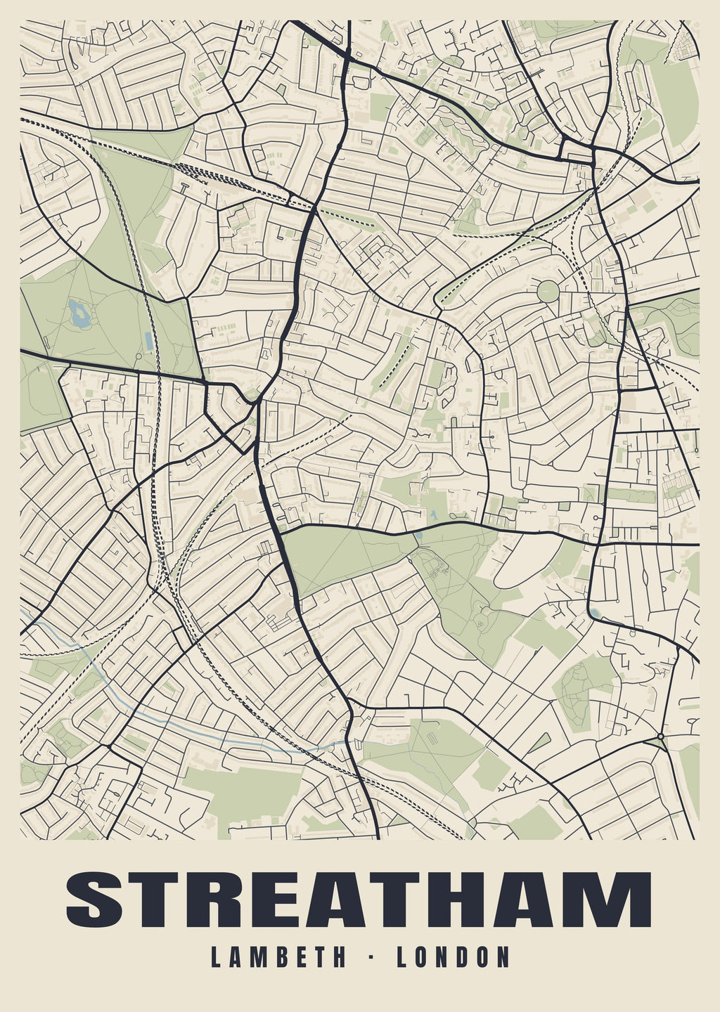 Heritage street map poster of Streatham, Lambeth, London