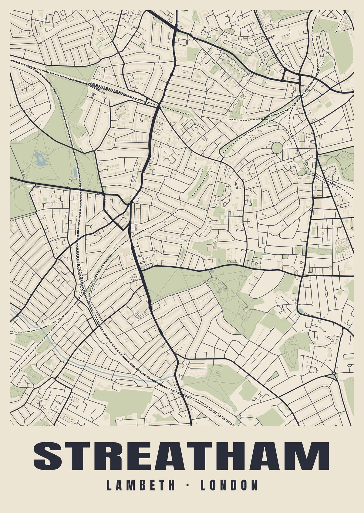 Heritage street map poster of Streatham, Lambeth, London