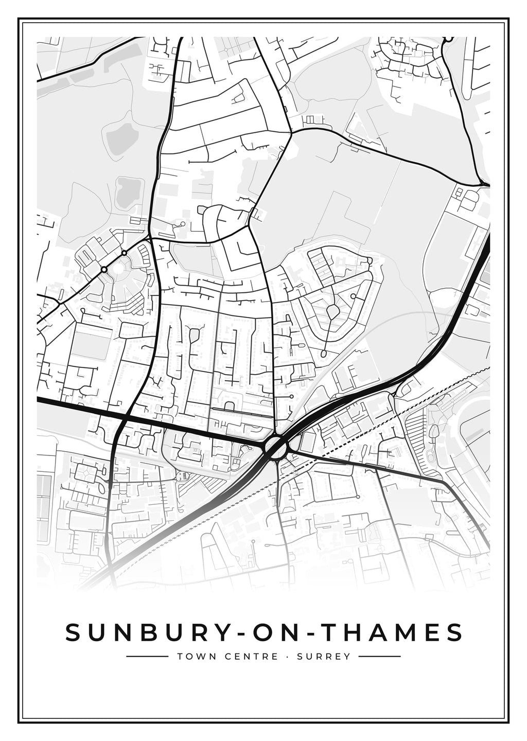 Street map poster of Sunbury-on-Thames town centre, Surrey