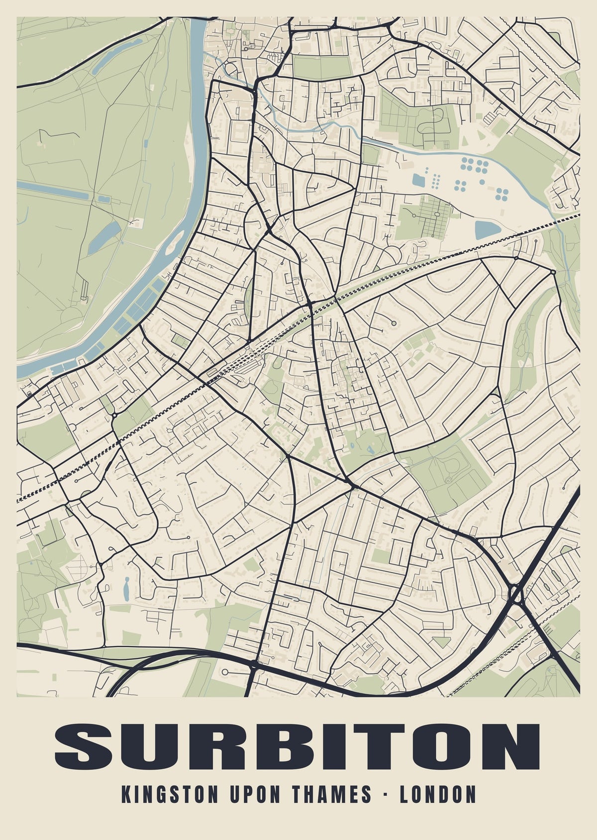 Heritage street map poster of Surbiton, Kingston upon Thames, London