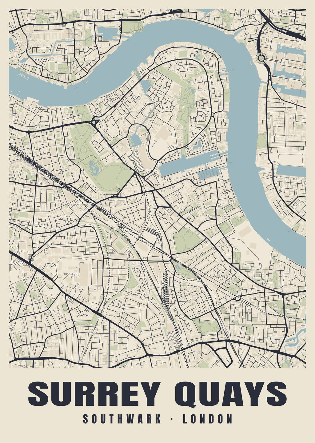 Heritage street map poster of Surrey Quays, Southwark, London