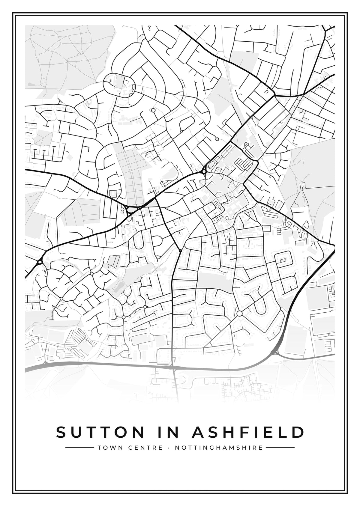 Street map poster of Sutton in Ashfield town centre, Nottinghamshire
