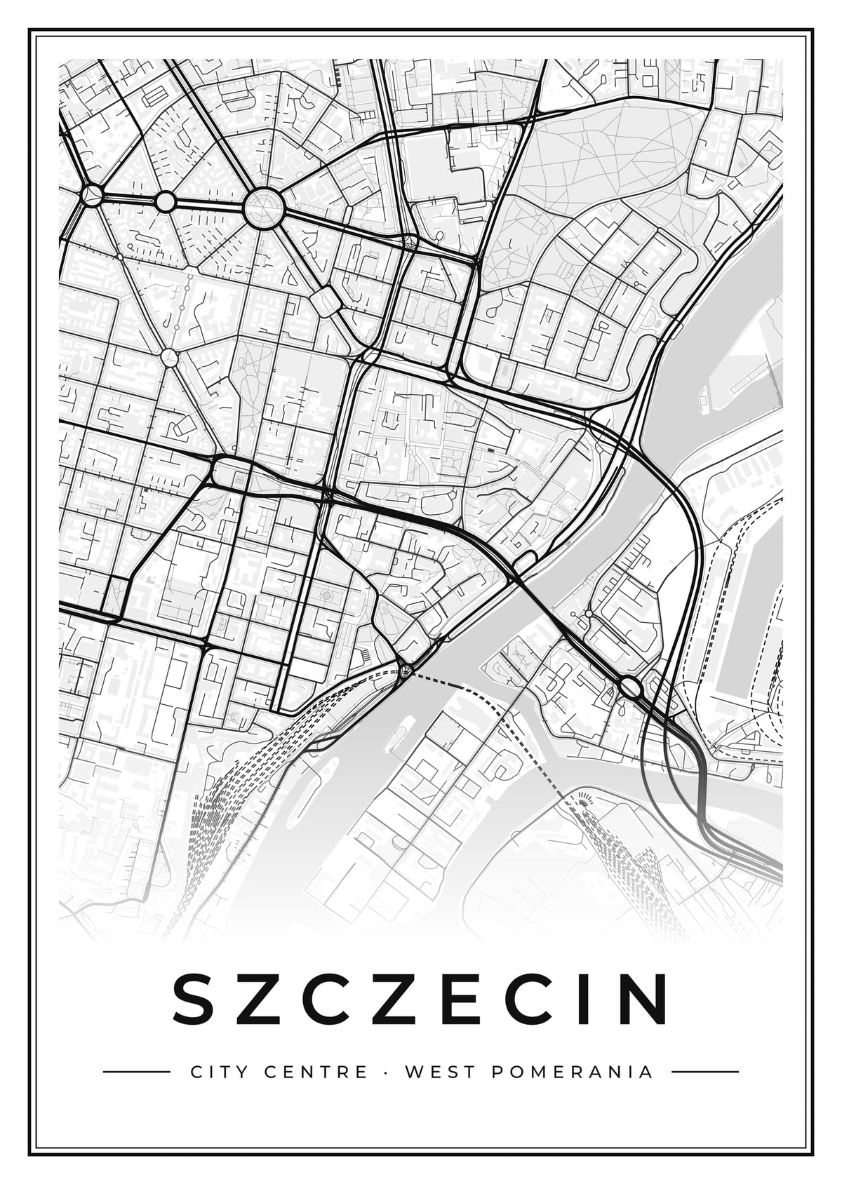 Street map poster of Szczecin city centre, West Pomerania