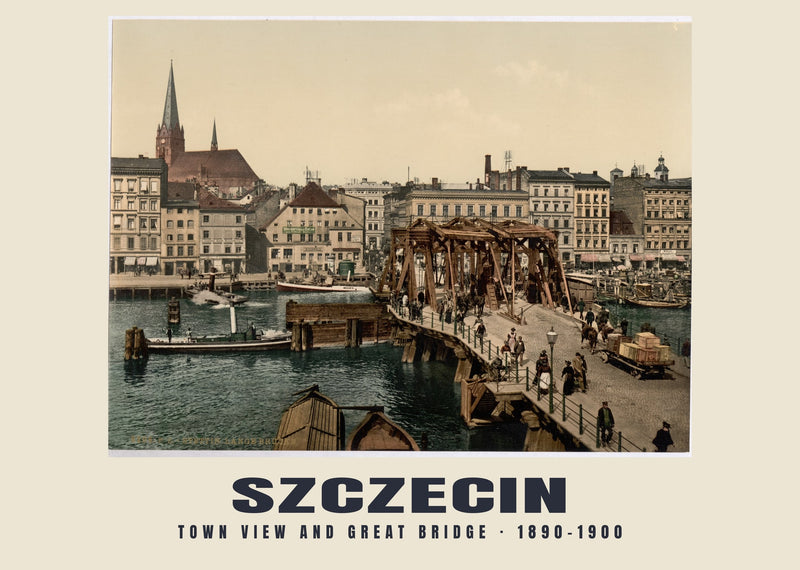 Vista de la ciudad y Gran Puente, Szczecin — 1890–1900 · Lámina de fotocromo antiguo