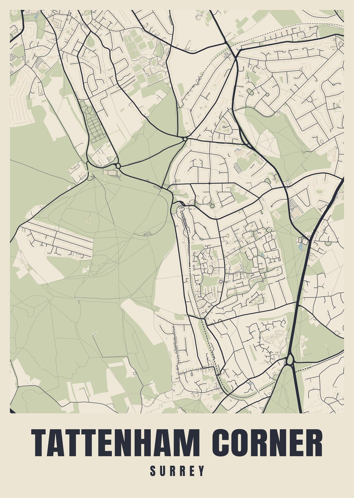 Street map poster of Tattenham Corner, Surrey