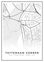 Street map poster of Tattenham Corner village centre, Surrey