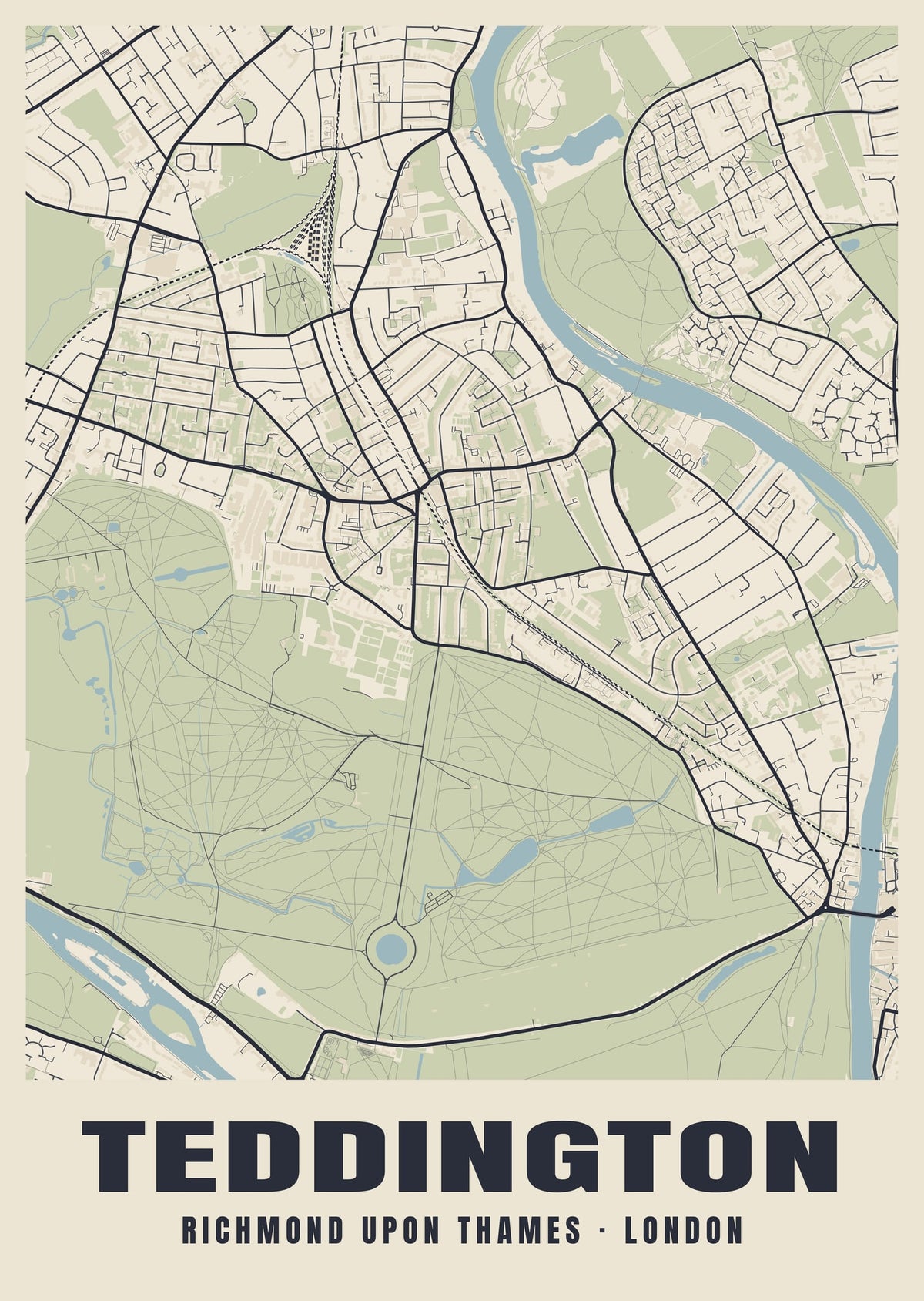 Heritage street map poster of Teddington, Richmond upon Thames, London
