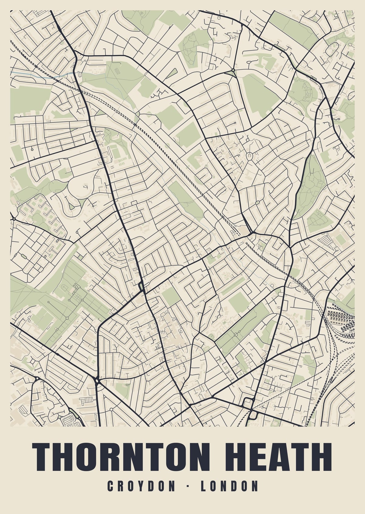Heritage street map poster of Thornton Heath, Croydon, London