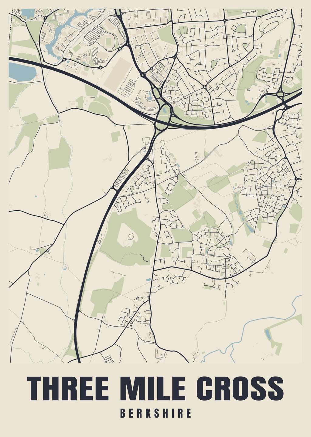 Street map poster of Three Mile Cross, Berkshire
