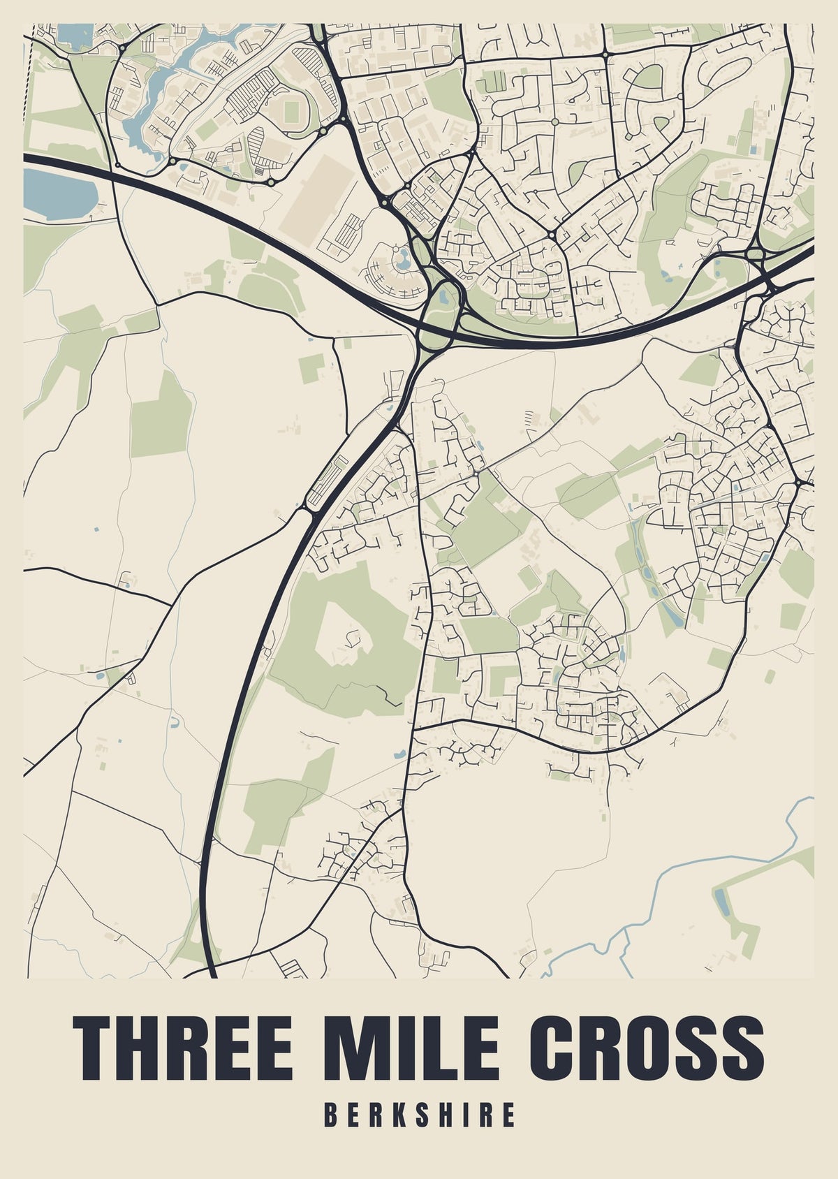 Street map poster of Three Mile Cross, Berkshire