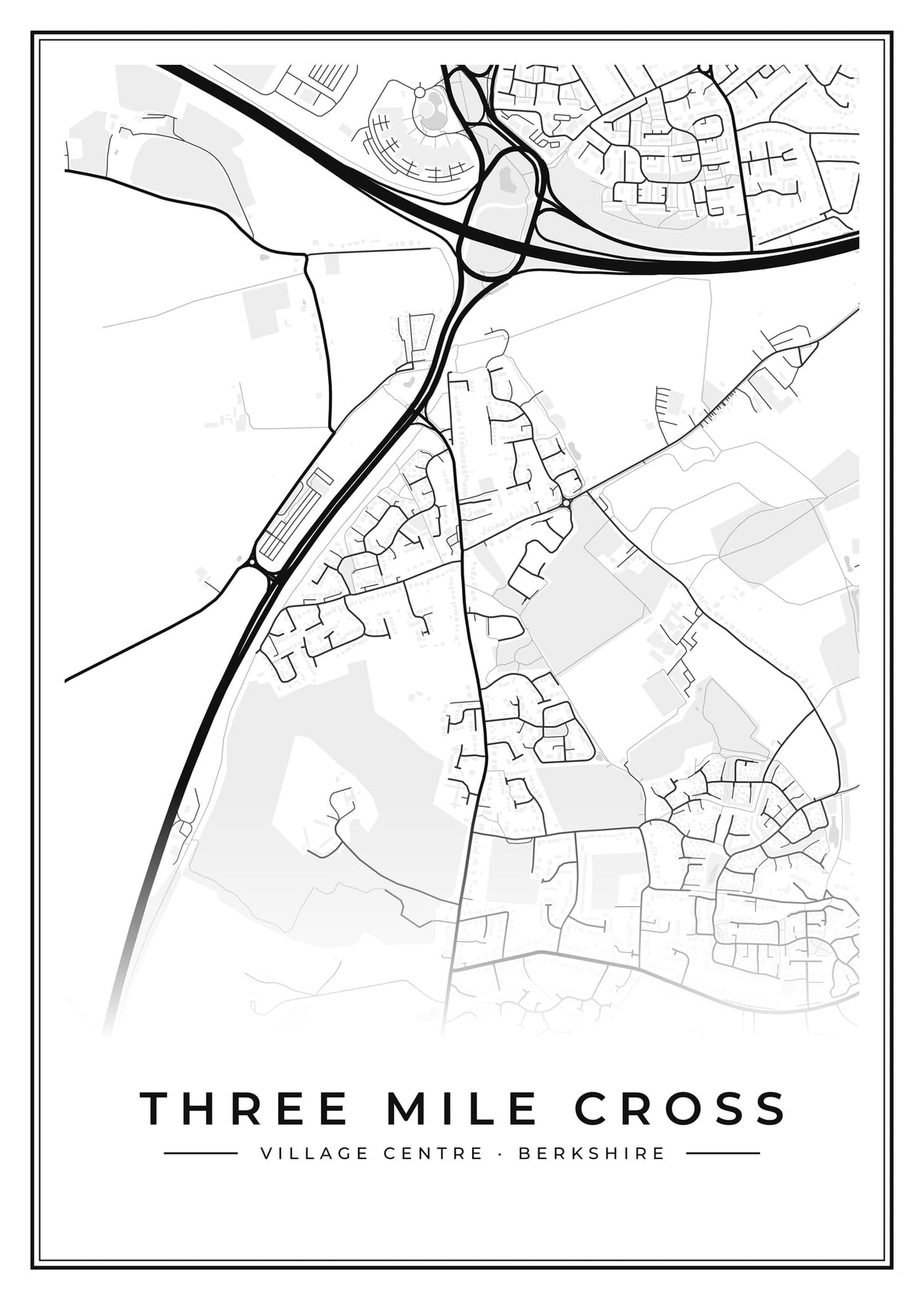 Street map poster of Three Mile Cross village centre, Berkshire