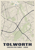 Heritage street map poster of Tolworth, Kingston upon Thames, London