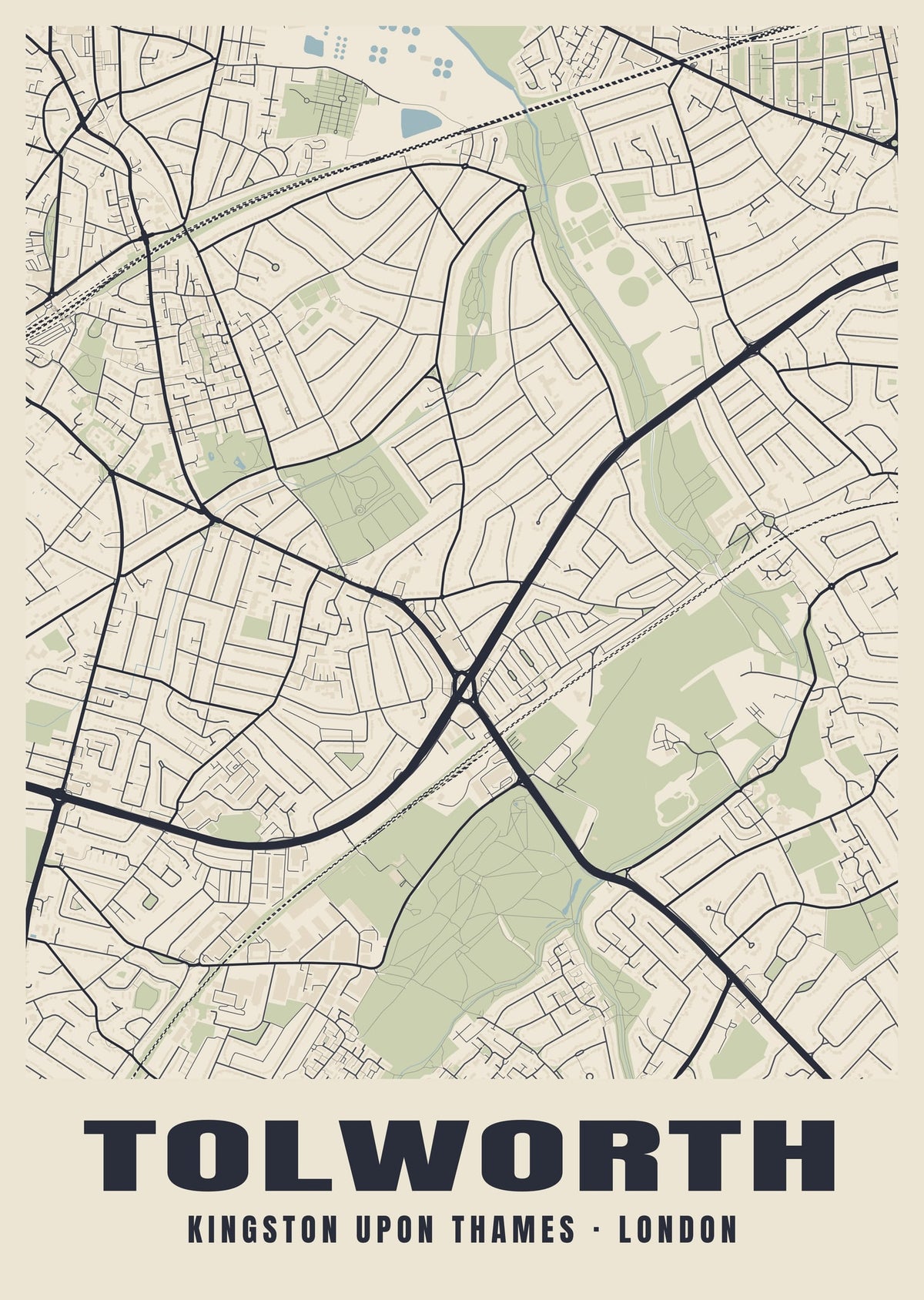 Heritage street map poster of Tolworth, Kingston upon Thames, London
