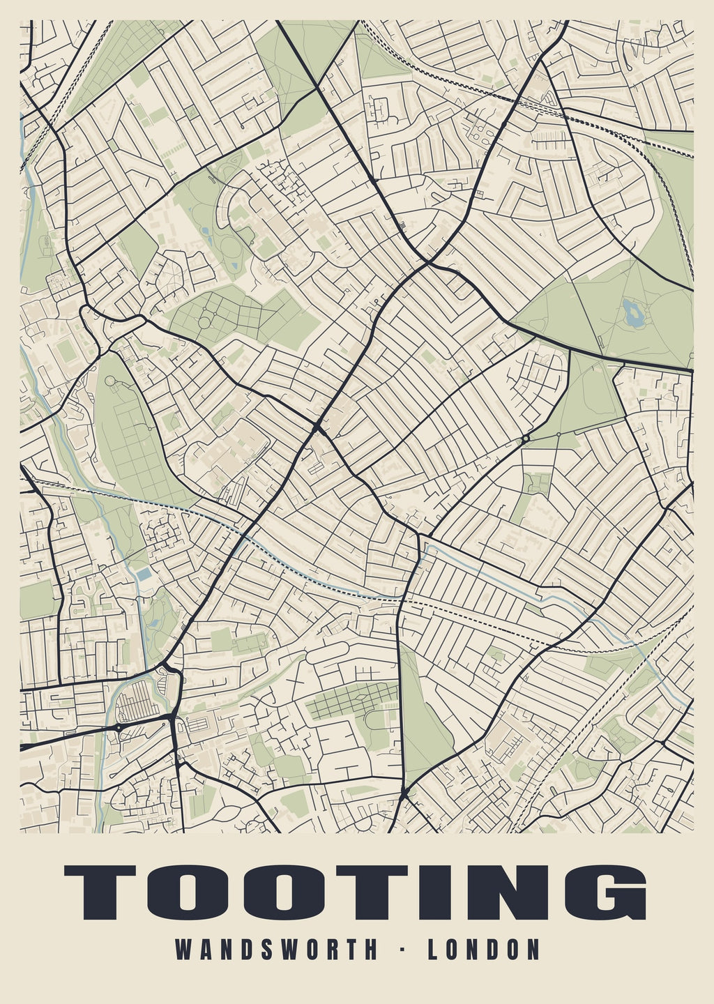 Heritage street map poster of Tooting, Wandsworth, London