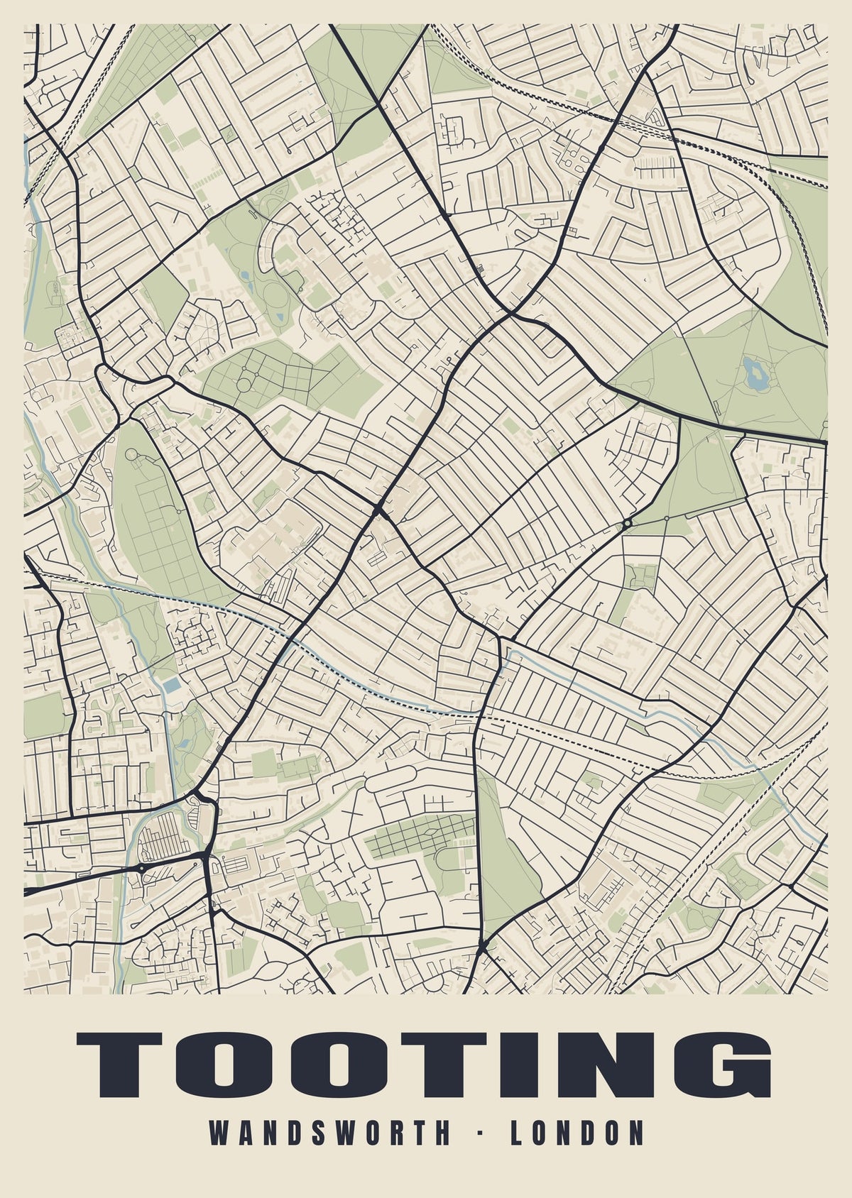 Heritage street map poster of Tooting, Wandsworth, London