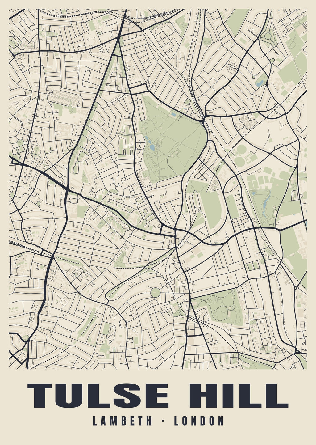 Heritage street map poster of Tulse Hill, Lambeth, London