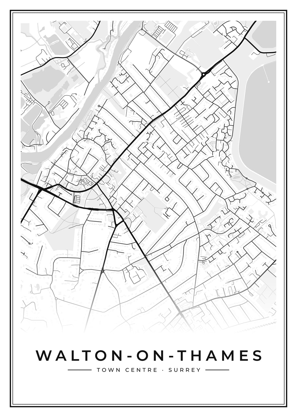 Street map poster of Walton-on-Thames town centre, Surrey