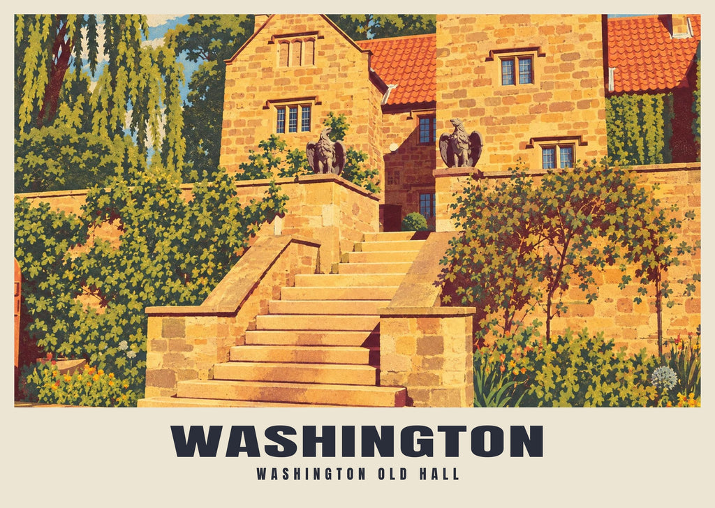 Washington Old Hall poster, Retro Railway style