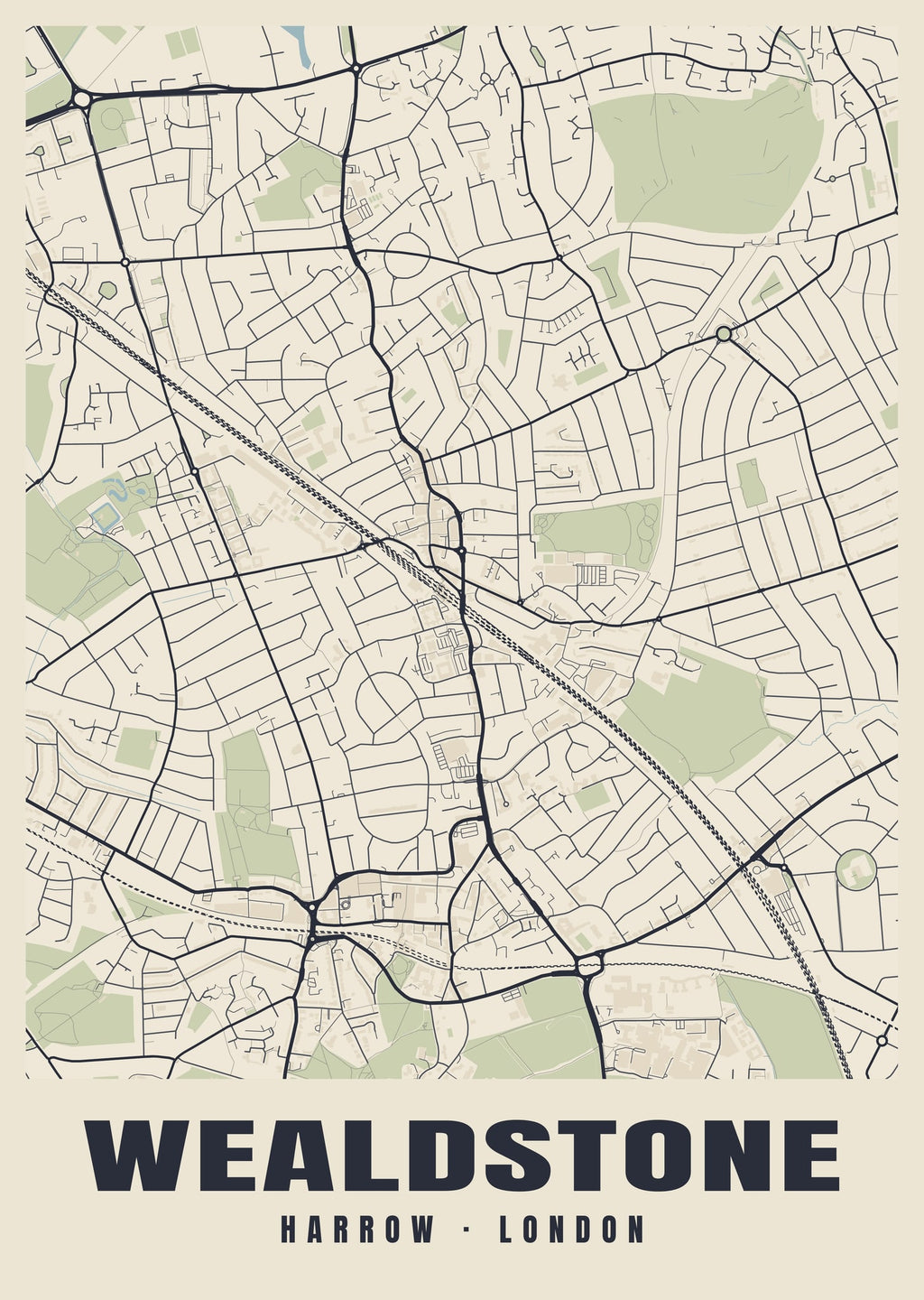 Heritage street map poster of Wealdstone, Harrow, London