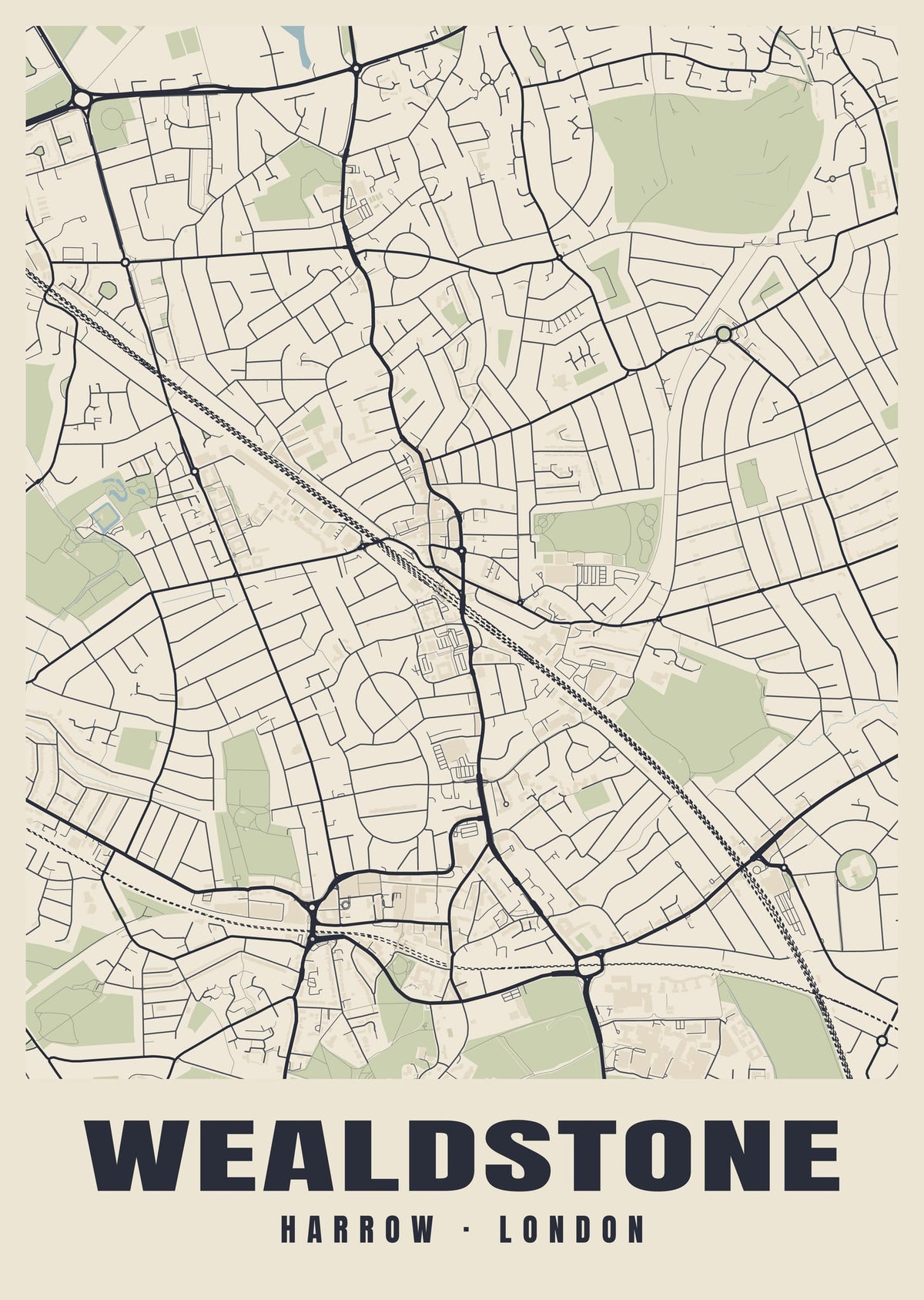 Heritage street map poster of Wealdstone, Harrow, London