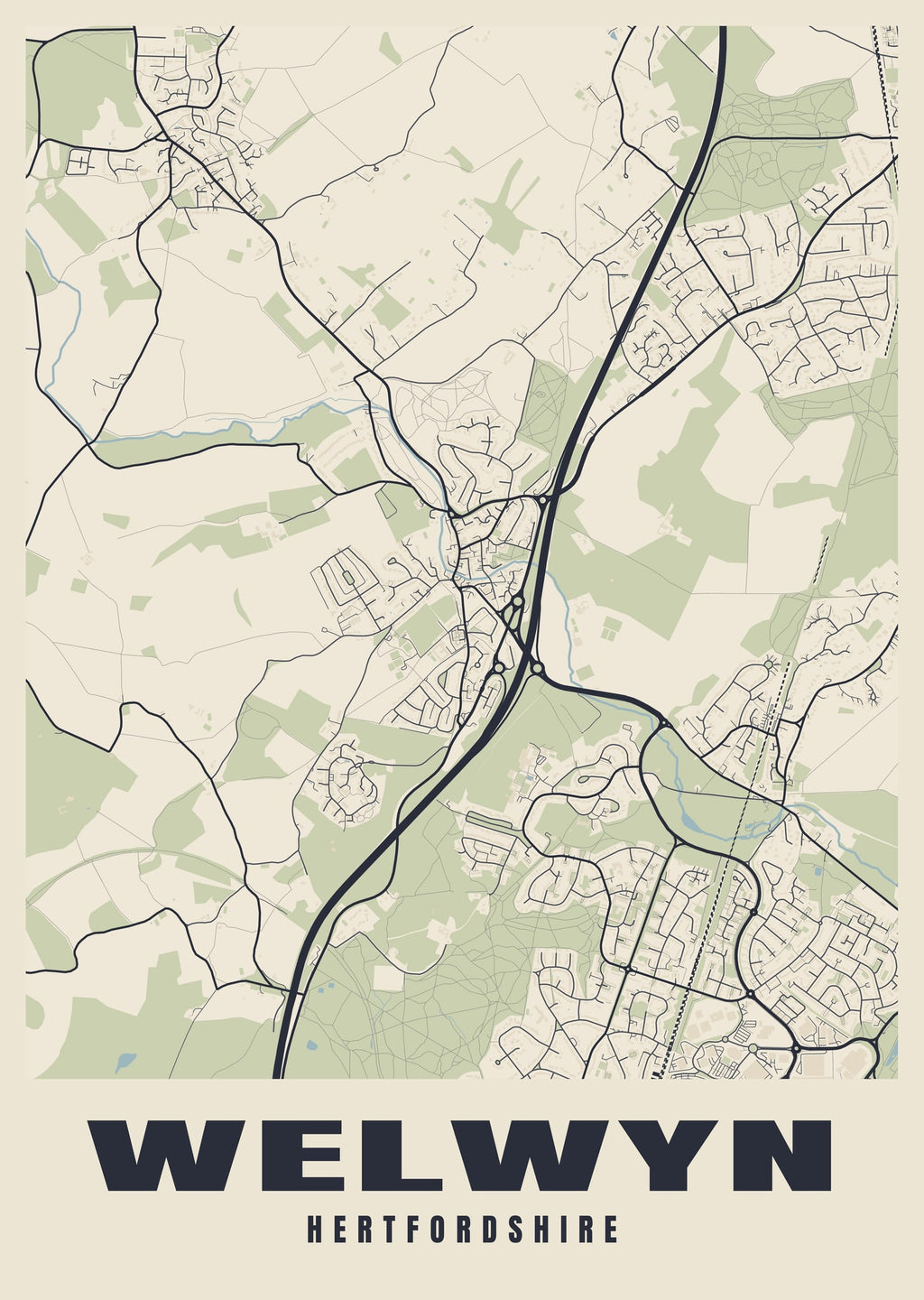 Street map poster of Welwyn, Hertfordshire