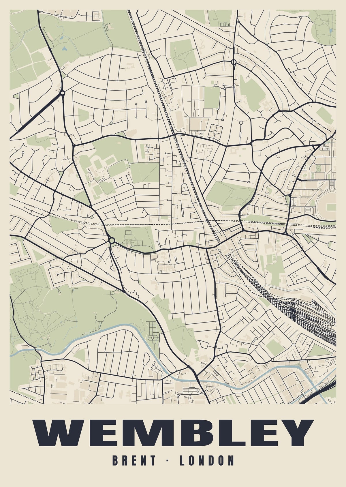 Heritage street map poster of Wembley, Brent, London
