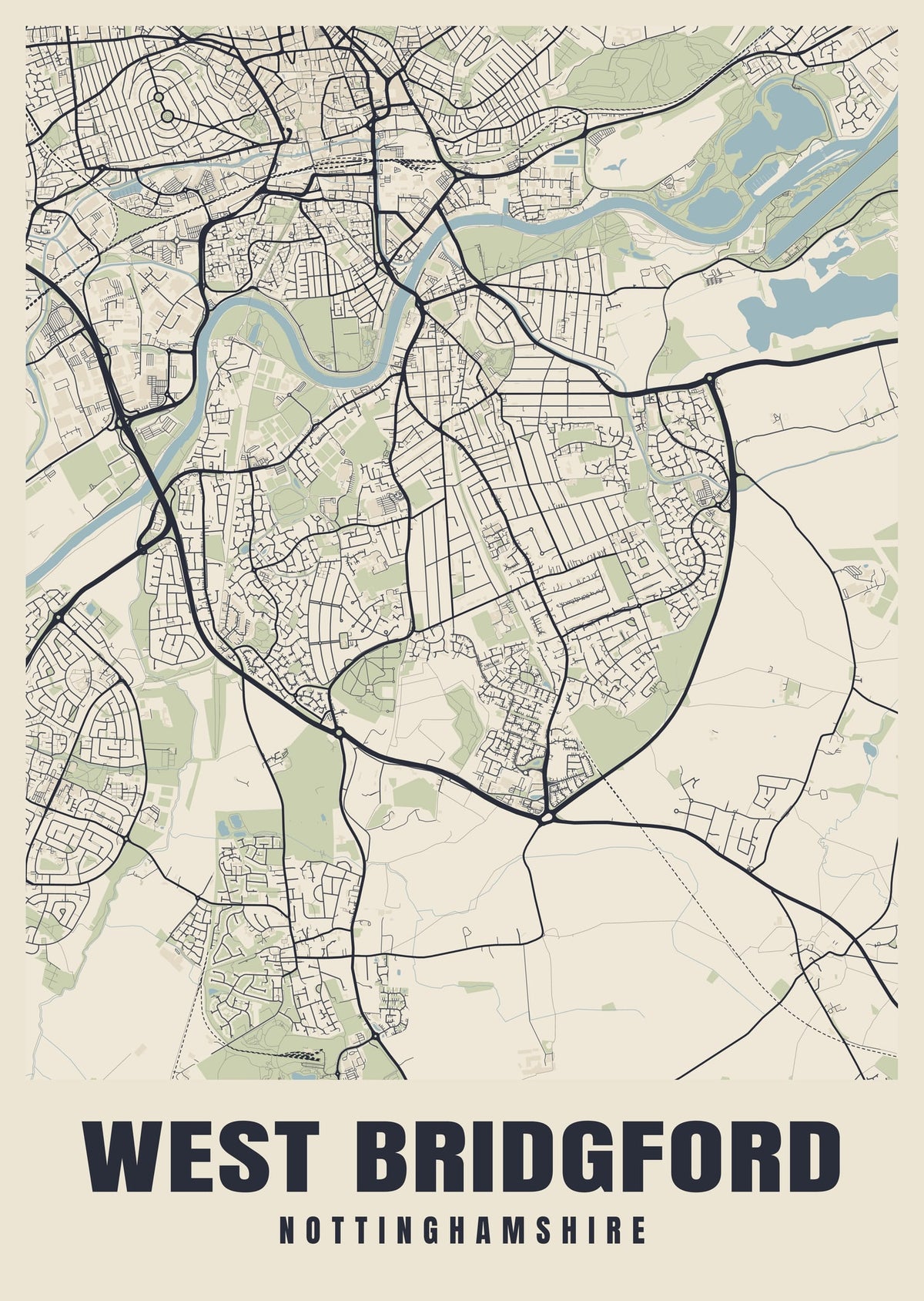 Street map poster of West Bridgford, Nottinghamshire