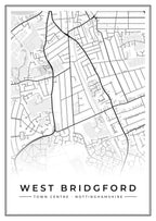 Street map poster of West Bridgford town centre, Nottinghamshire