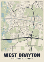 Heritage street map poster of West Drayton, Hillingdon, London