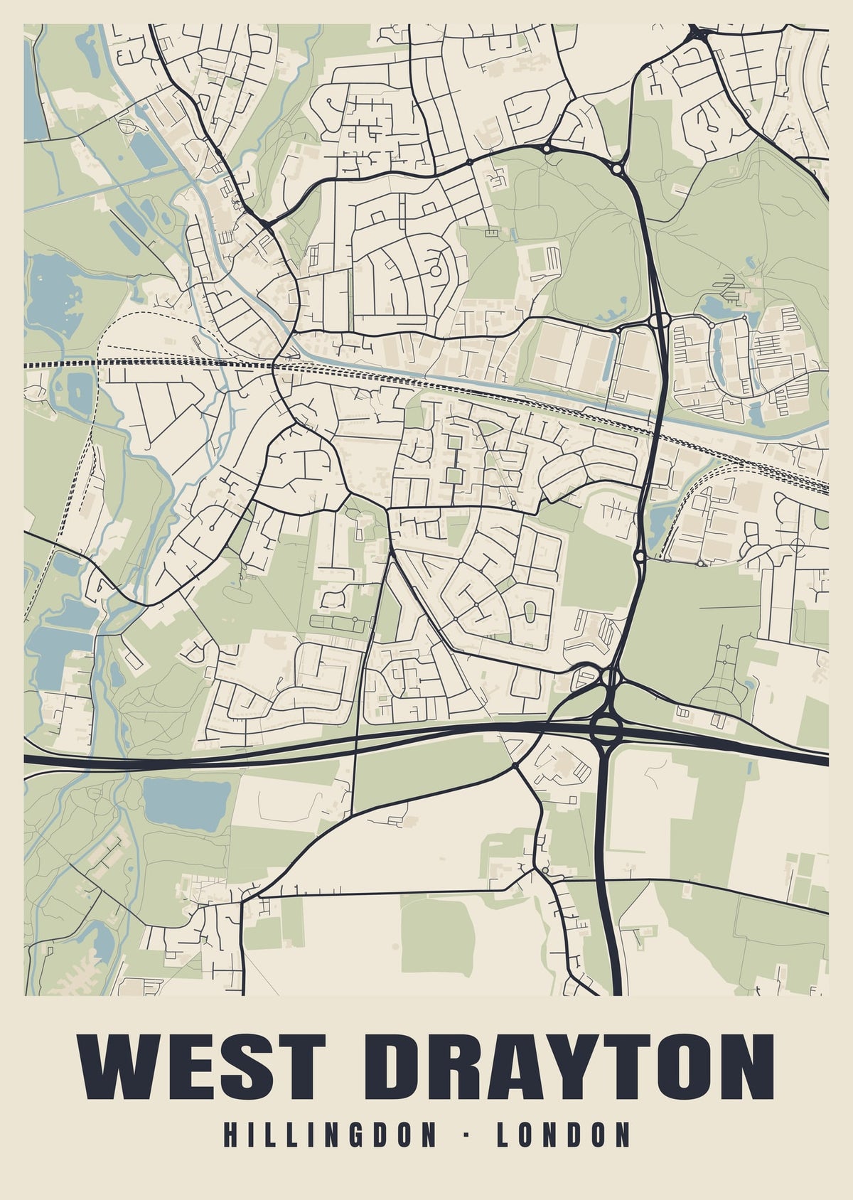 Heritage street map poster of West Drayton, Hillingdon, London