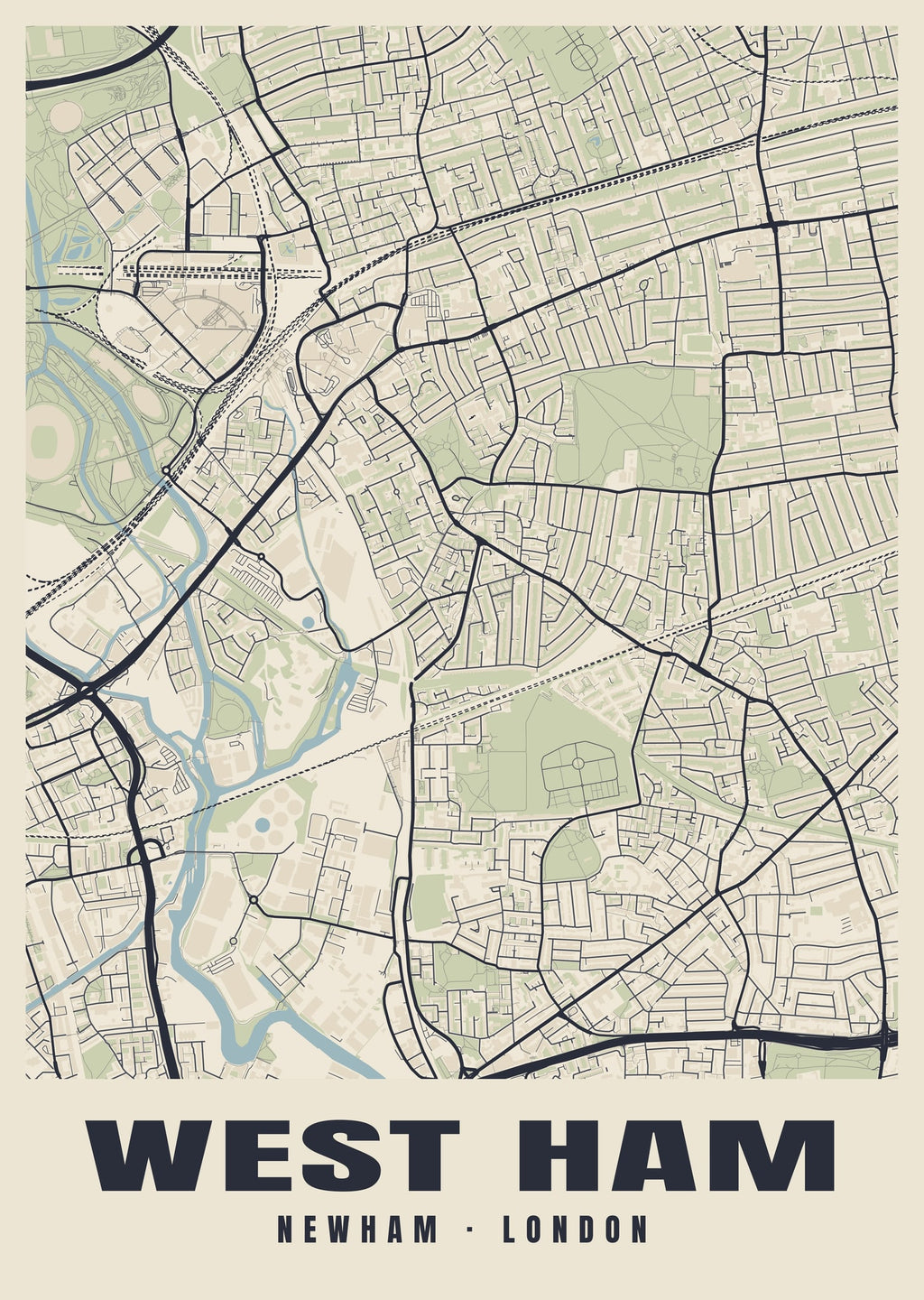 Heritage street map poster of West Ham, Newham, London