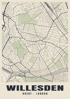 Heritage street map poster of Willesden, Brent, London