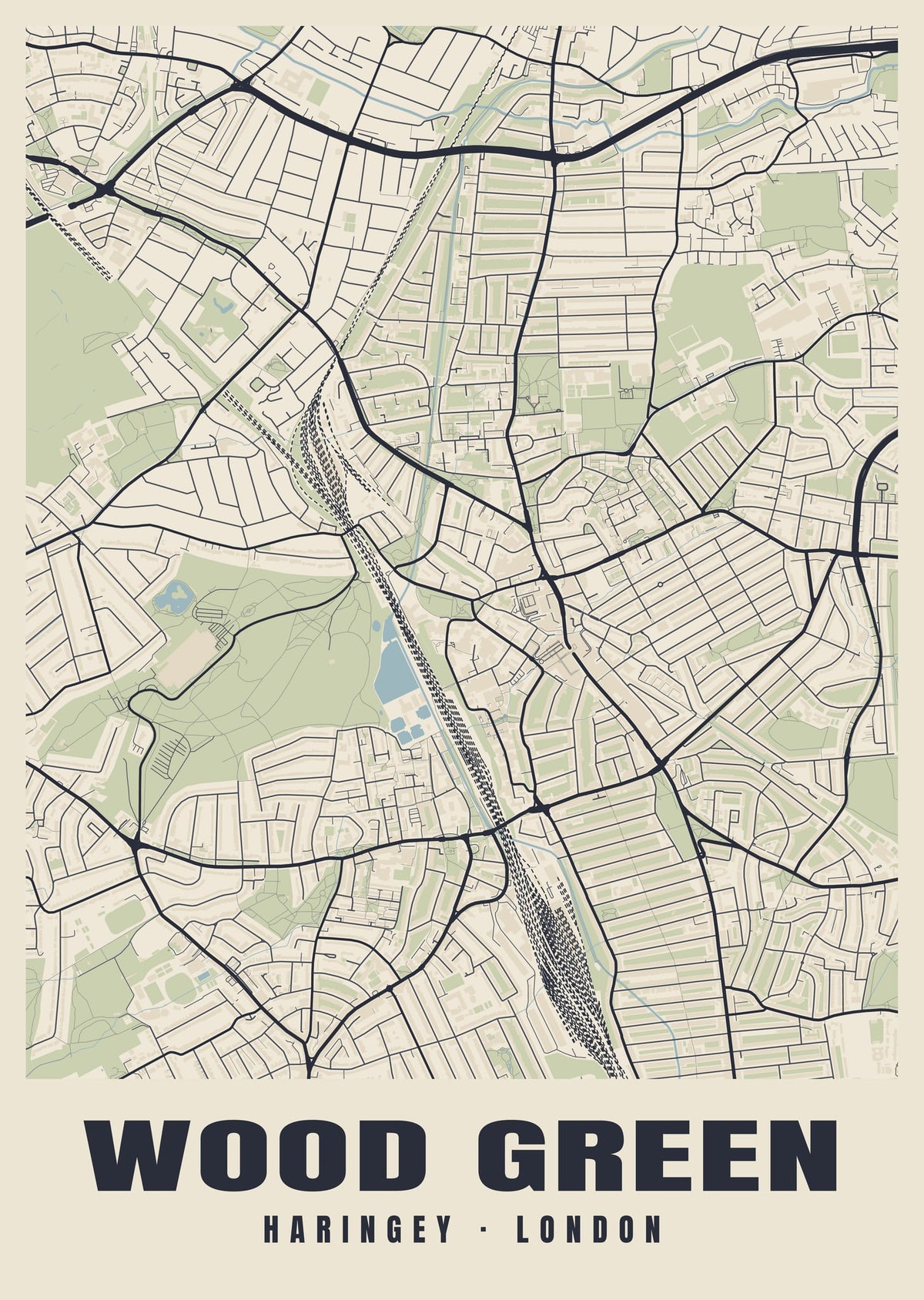 Heritage street map poster of Wood Green, Haringey, London